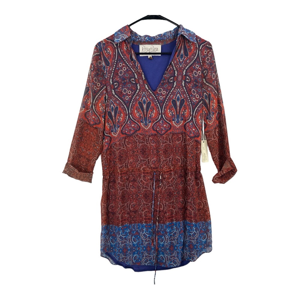 Rory Beca Paisley Georgette Dress Womens XS Red Blue Boho Tunic V-Neck